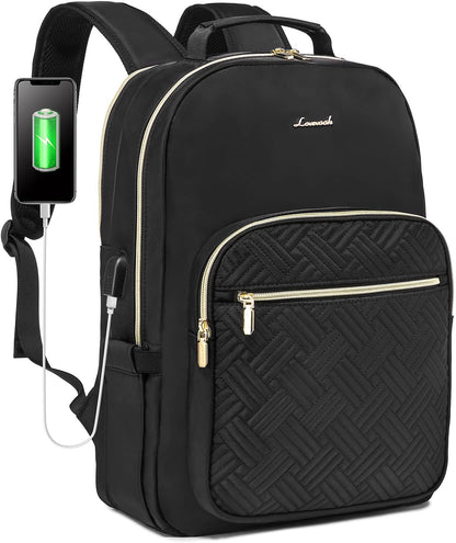 LOVEVOOK Laptop Backpack for Women, Stylish Quilted Backpacks Purse for Business Work Travel, Computer Bags Bag, with USB Port fits 15.6-inch Laptop, Black