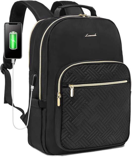 LOVEVOOK Laptop Backpack for Women, Stylish Quilted Backpacks Purse for Business Work Travel, Computer Bags Bag, with USB Port fits 15.6-inch Laptop, Black