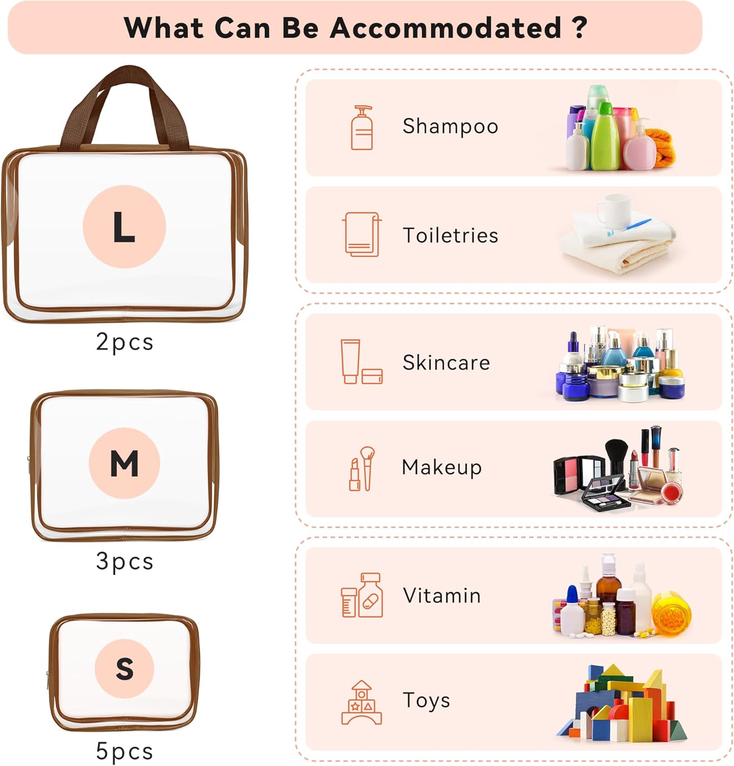 TISRATOK 10 PCS Clear Travel Makeup Toiletry Bag, Plastic PVC Cosmetic TSA Approved Organizer Kit with Zipper Handbag（Coffee）