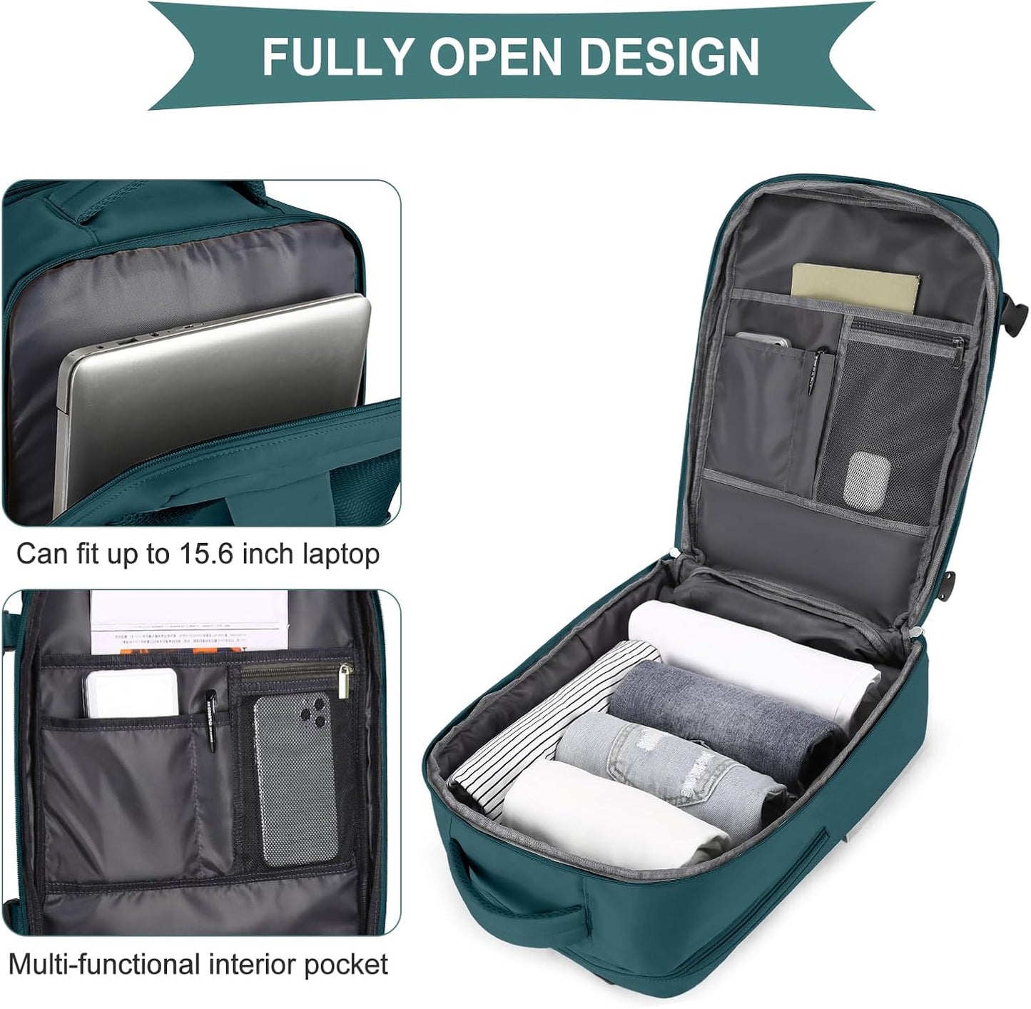 coowoz Large Travel Backpack For Women Men,Carry On Flight Approved,Hiking Waterproof Outdoor Sports Rucksack Casual Daypack Fit 15.6 Inch Laptop Shoes Compartment (Peacock Blue)