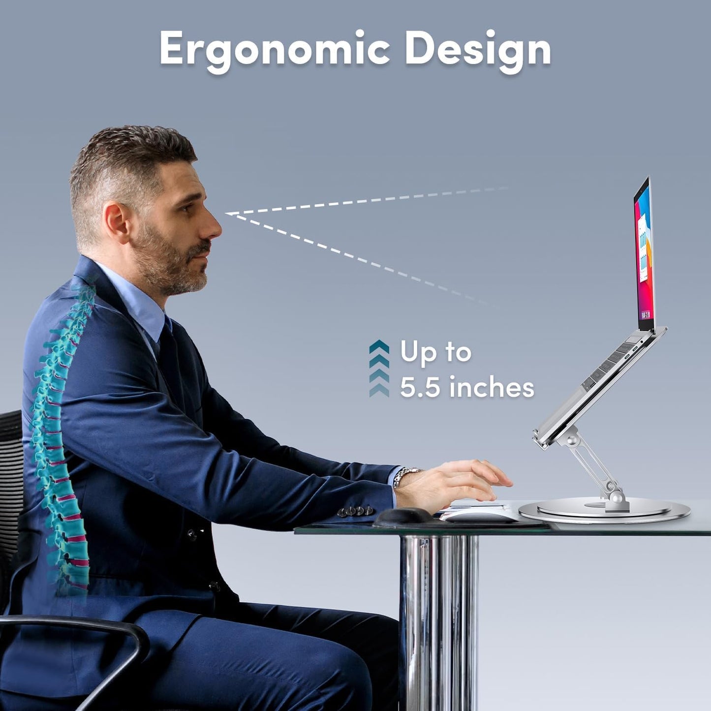 Lifelong Adjustable Laptop Stand with 360° Rotating Base, Ergonomic Computer Stand for Desk, Foldable & Portable Laptop Riser Holder Fits All MacBook, Laptops 10-16 Inches, Silver