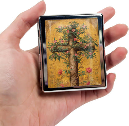 8‑Compartment Metal Pill Box Organizer – Portable Medicine Case 3″×2.6″ | Food‑Grade Dividers | Secure Snap Button Lid | Travel & Gift for Seniors (Floral Cross of Life)