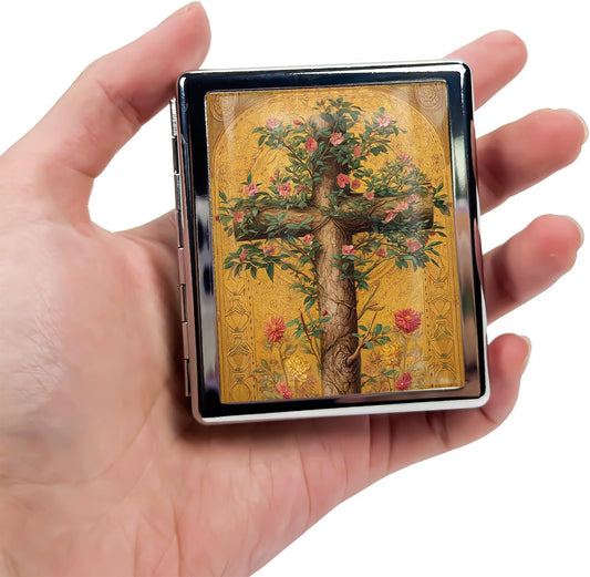 8‑Compartment Metal Pill Box Organizer – Portable Medicine Case 3″×2.6″ | Food‑Grade Dividers | Secure Snap Button Lid | Travel & Gift for Seniors (Floral Cross of Life)