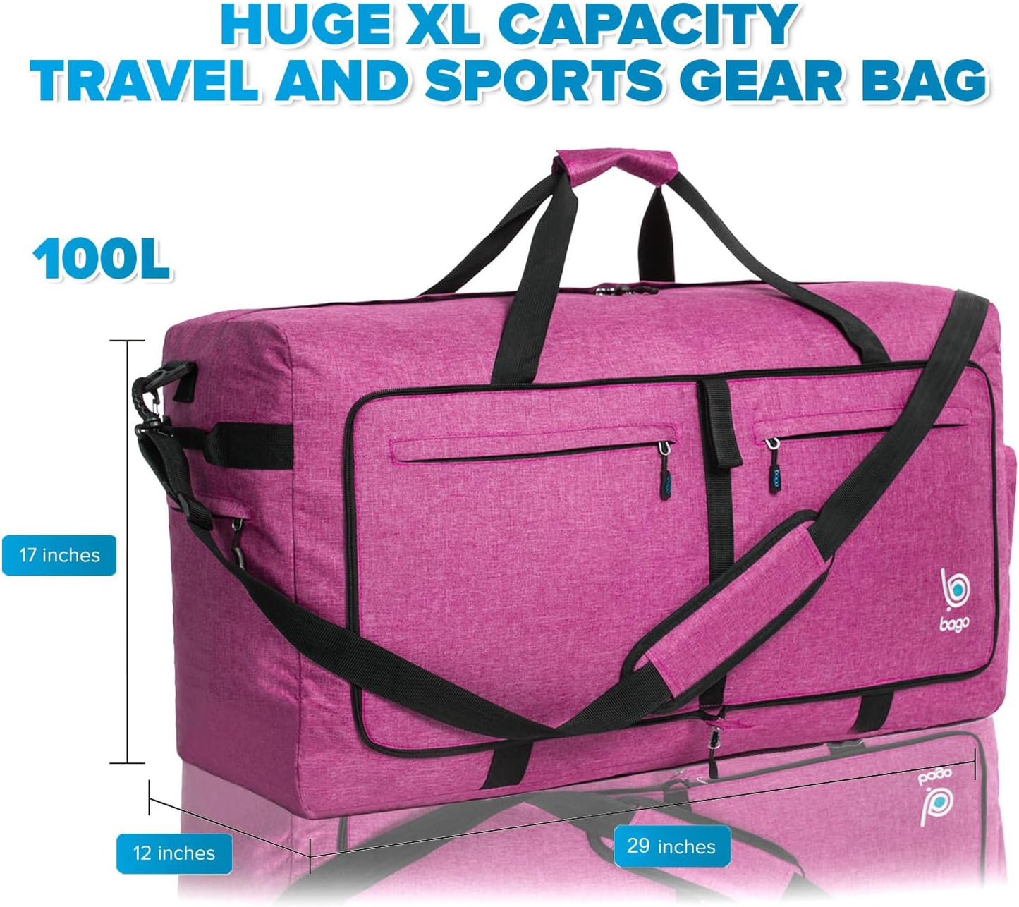 Bago Large Foldable Duffel Bags for Traveling Women & Men - 120L Packable Duffle Bag for Travel with Shoe Compartment - Water Repellant, Heavy Duty, Lightweight Folding & Collapsible (SnowPink)