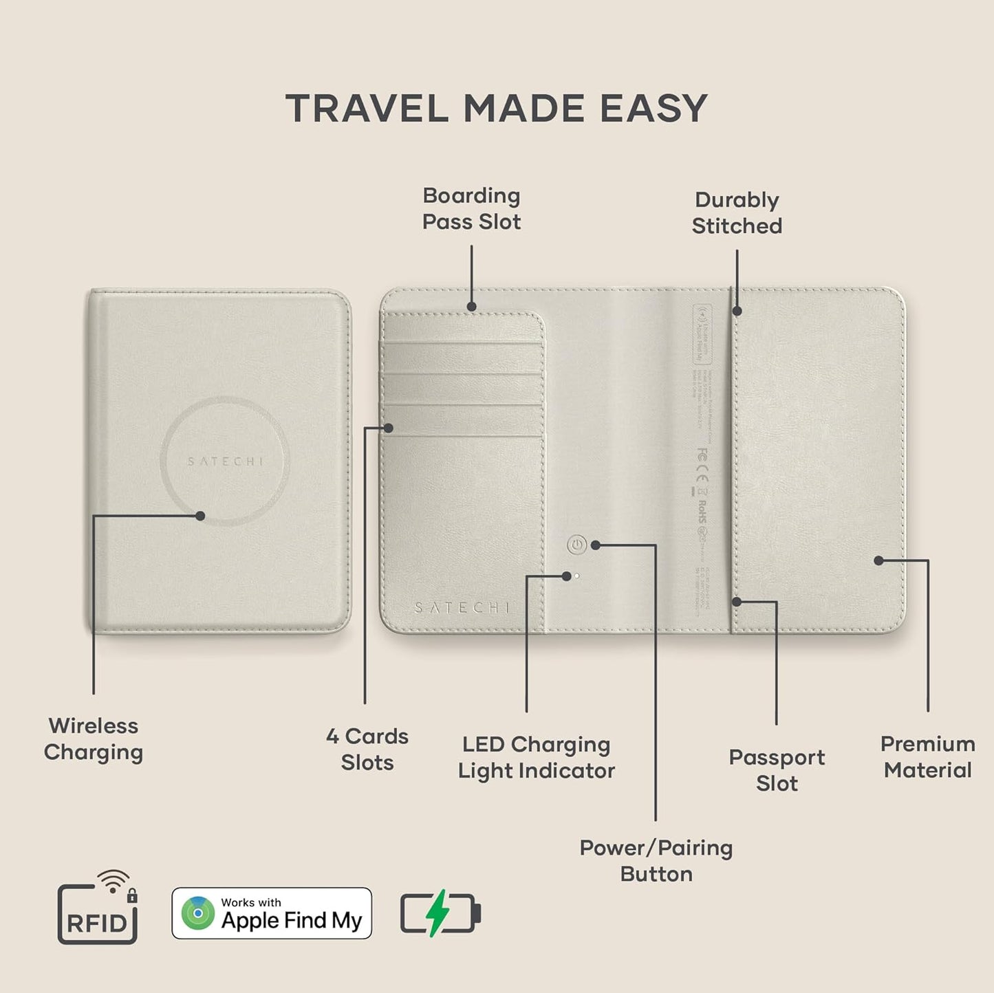 Satechi Passport Holder for Travel with Find My, Passport Cover with 4 Card Holder, Wireless Charging, and RFID protection – Travel Essential Vegan Leather Passport– Sand