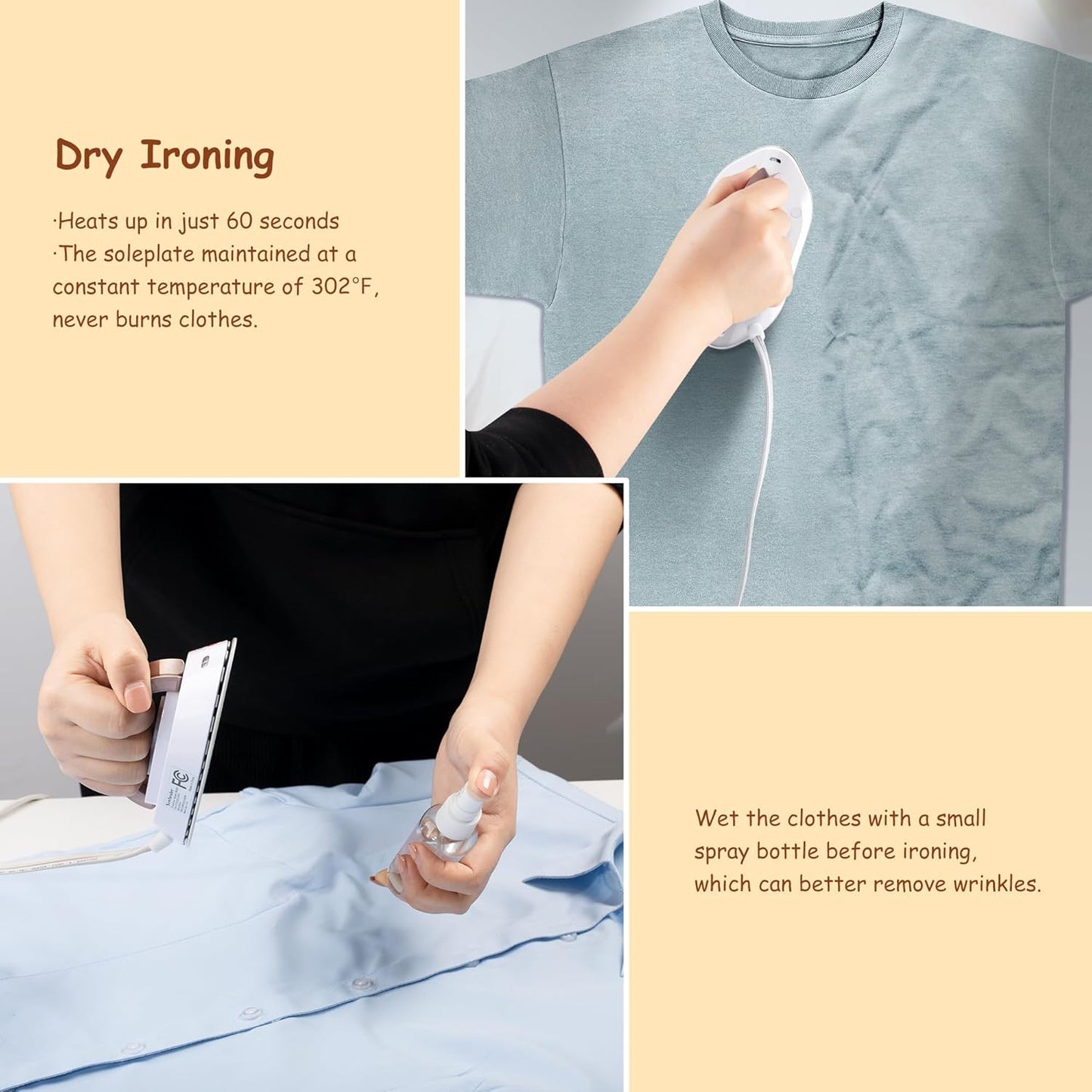 Newbealer Travel Iron with Dual Voltage - 120V/220V Lightweight Dry Iron for Clothes (No Steam), Non-Stick Ceramic Soleplate, 302℉ Heat Press Machine, w/Spray Bottle, Pouch & Silicone Stand (White)