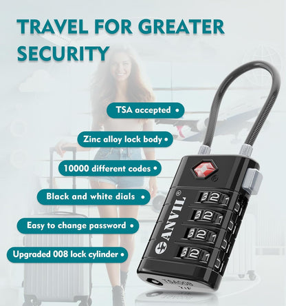 ANVIL 4 Digit Luggage Locks, TSA Locks for Luggage, Advanced TSA008 core, Alert Indicator for Your Travel Lock, Suitcase Lock. (6, Black)