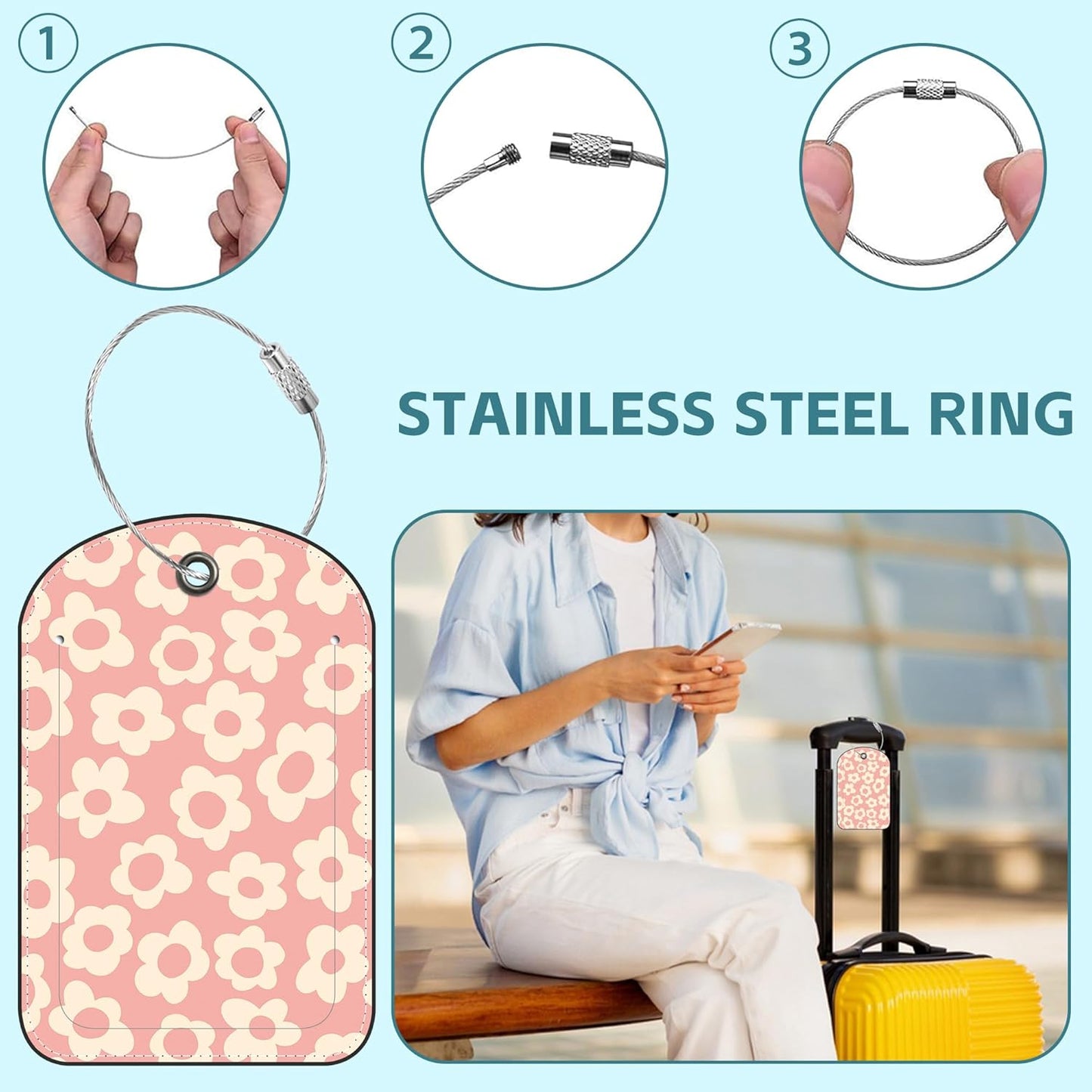 Vintage Flowers Luggage Tag for Suitcase Set of 2 PU Leather Cute Luggage Tags with Stainless Metal Loop ID Label Privacy Flap Suitcase Tags for Women and Men Travel