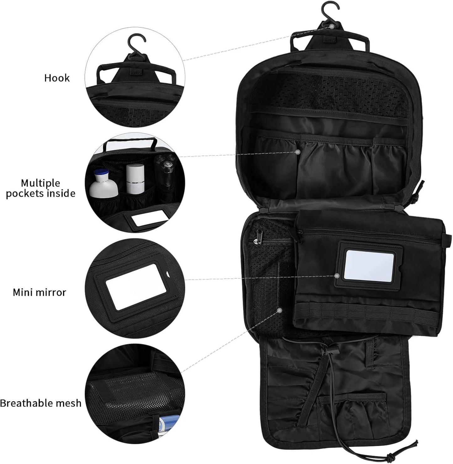 Travel Toiletry Bag for Men and Women, Hanging Travel Toiletries Organizer Dopp Kit, Toiletry Shaving Hygiene Bag, Durable Bathroom Essentials Men's Toiletry Bag for Short Trips & Camping - Black