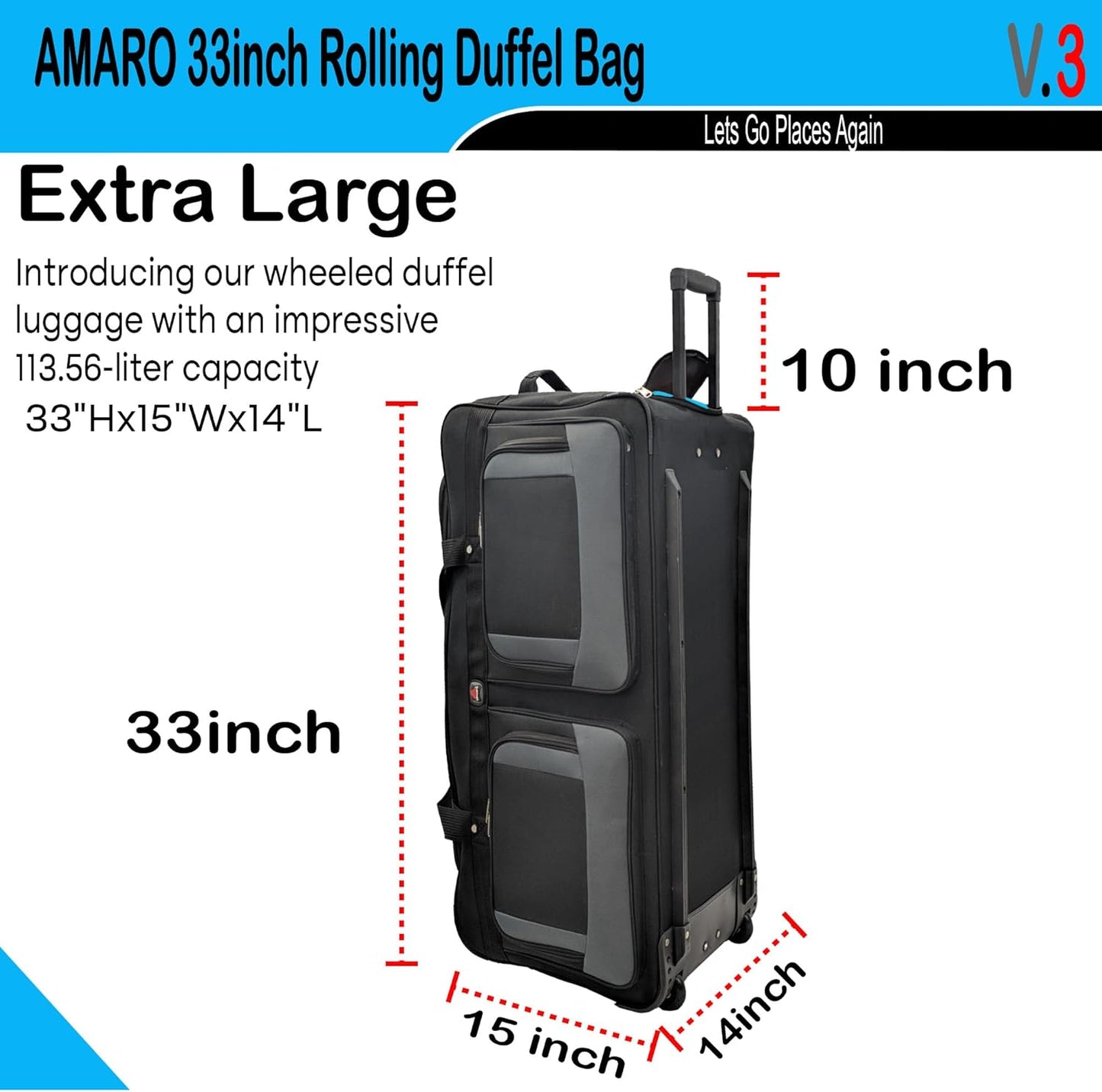 33" Rolling Duffle Bag with Wheels and Handle - Multiple Compartments/Compression Straps With Buckles Balck/Gray trim Large