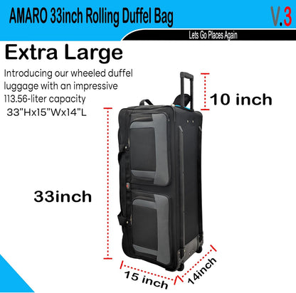 33" Rolling Duffle Bag with Wheels and Handle - Multiple Compartments/Compression Straps With Buckles Balck/Gray trim Large