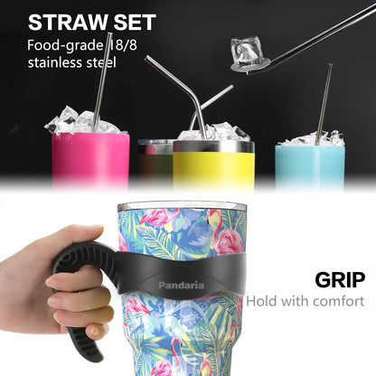 30 oz Spill Proof Tumbler with Handle, 100% Leak-Proof, Cupholder Friendly Insulated Cup with Straw, Double Wall Powder Coated Stainless Steel Tumbler, Ideal Gift for All Occasions (Flamingo)