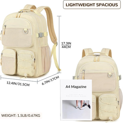 Lohol Water Resistant Backpack with Mulitiple Pockets for Travel Outdoor College, 15.6 inch Laptop Bookbag for Girl and Women (Beige)