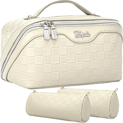 Travel Makeup Bag Organizer Cosmetic Bag: 3 Pcs Set Make up Bags for Women with Handle - Waterproof Vegan Leather Toiletry Bags with Comparments (C-04-Beige)