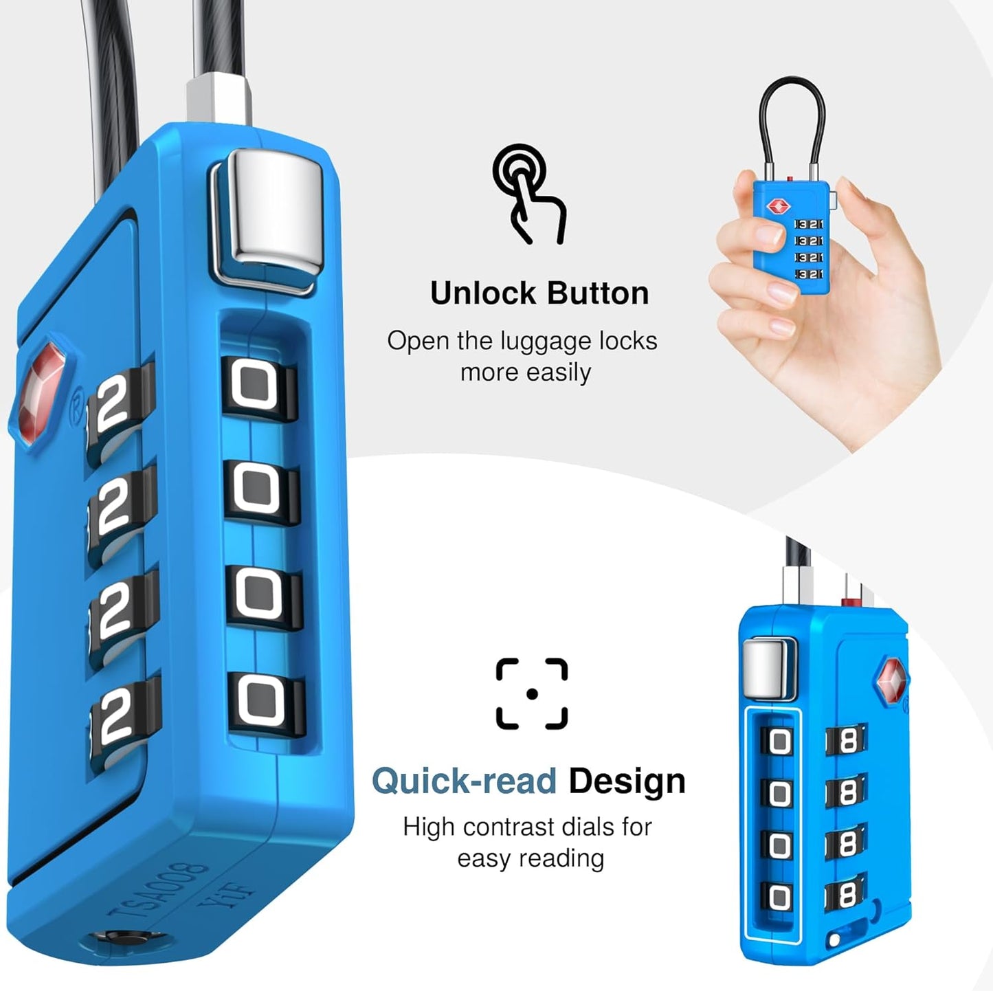 Puroma TSA Approved Luggage Travel Locks with Open Alert Indicator, 4 Digit Combination Resettable Code Zinc Alloy Lock for Suitcase, Backpack, Bag, Toolbox, Locker (2 Pack, Blue)