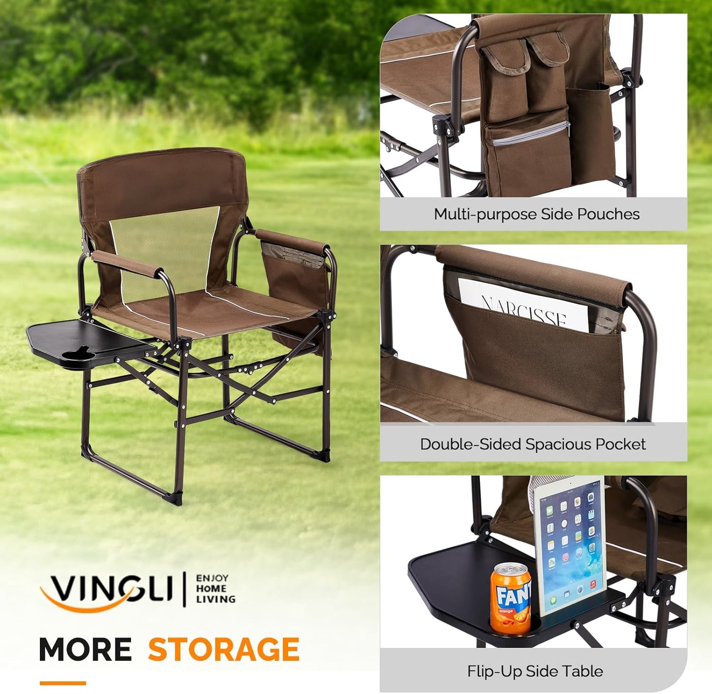 VINGLI Camping Chairs, Directors Chair, Camping Chair with Side Table & Carry Bag，Heavy Duty Camping Chairs for Adults,Portable Folding Camping Chair 2 Pack, for Beach, Fishing,Trip,Picnic,Lawn-Brown