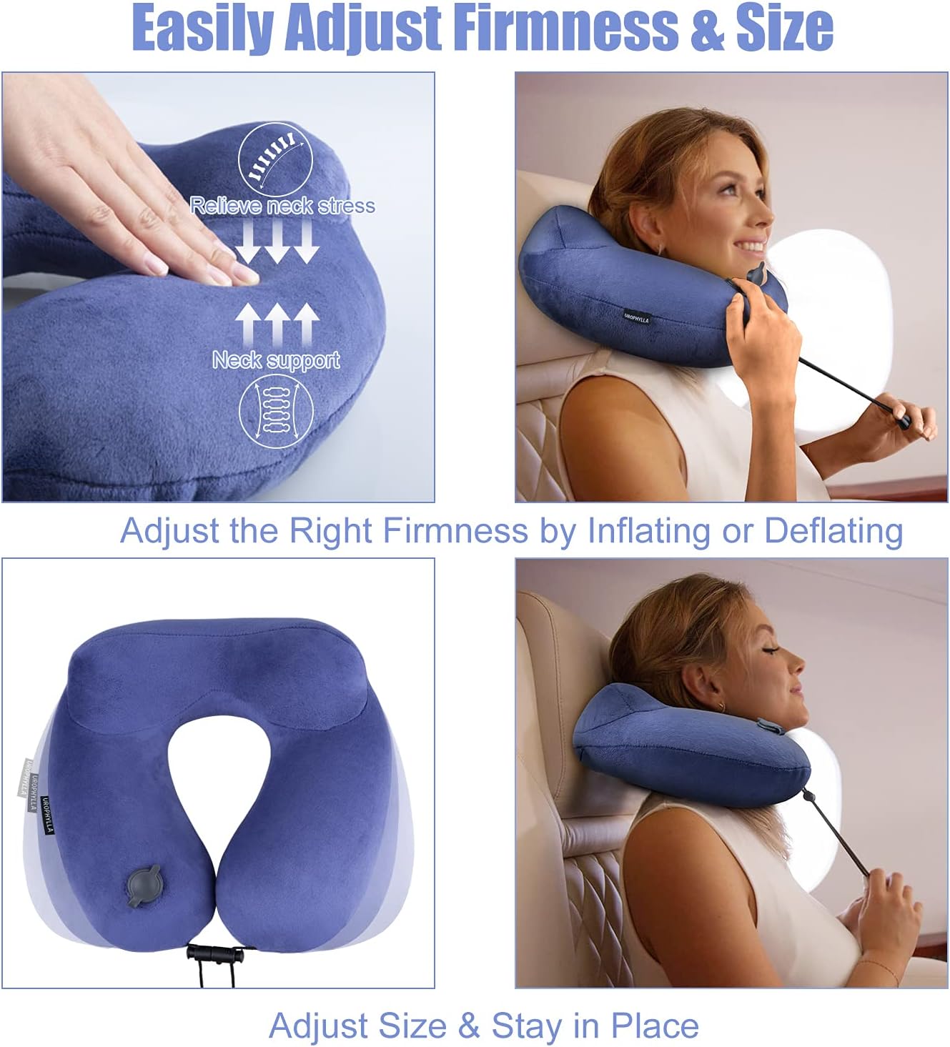 urophylla Inflatable Travel Neck Pillow for Airplanes, Super Soft Velvet Neck Support, Adjustable Firmness, Blow Up Plane Pillow for Long Flights, Road Trips, Travel Essentials with Eye Mask, Earplug