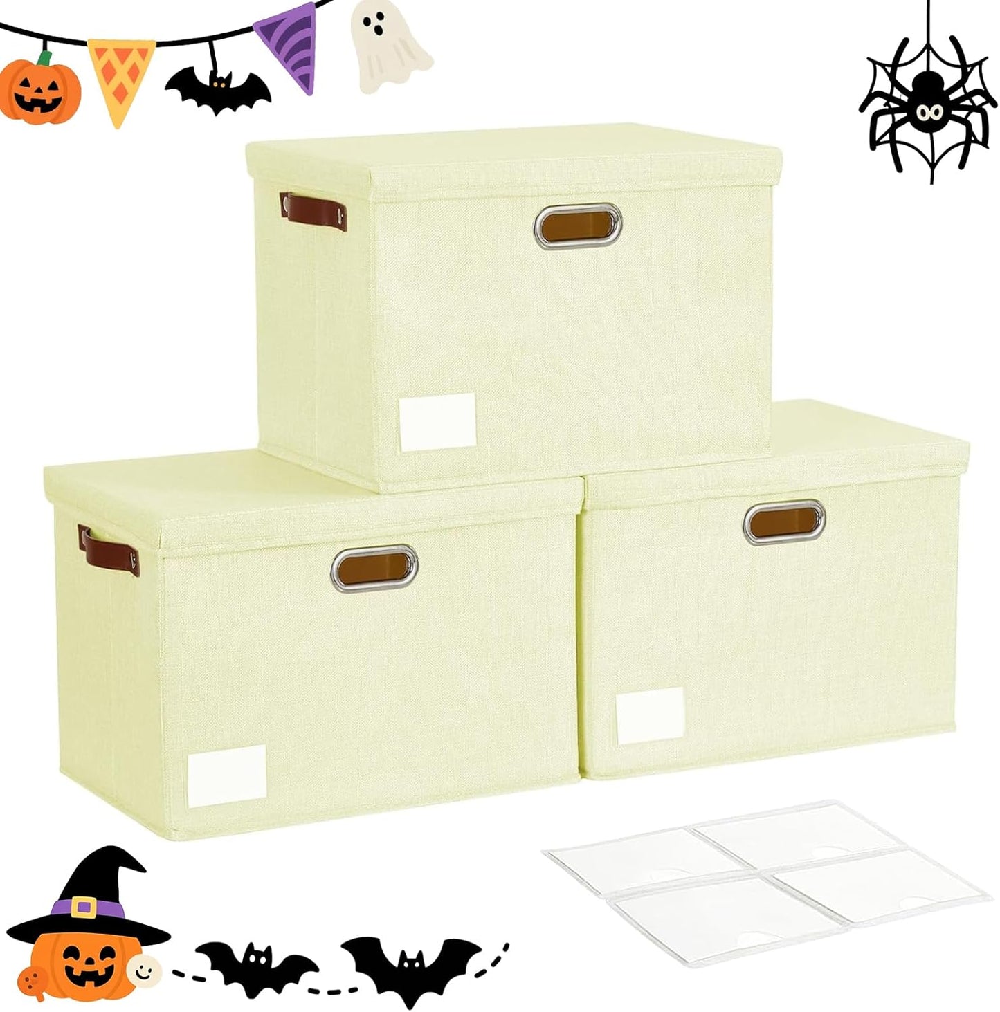 17" Large Collapsible Storage Bins with Lids, Stackable Closet Organizers with PU Handle and Labels, 3-Pack Decorative Fabric Storage Boxes for Home, Bedroom, Closet, Office, Nursery(Beige)