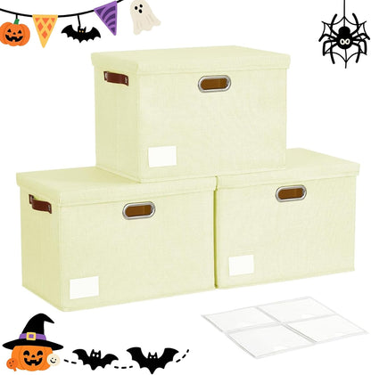 17" Large Collapsible Storage Bins with Lids, Stackable Closet Organizers with PU Handle and Labels, 3-Pack Decorative Fabric Storage Boxes for Home, Bedroom, Closet, Office, Nursery(Beige)