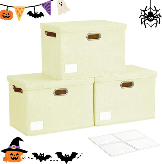 17" Large Collapsible Storage Bins with Lids, Stackable Closet Organizers with PU Handle and Labels, 3-Pack Decorative Fabric Storage Boxes for Home, Bedroom, Closet, Office, Nursery(Beige)