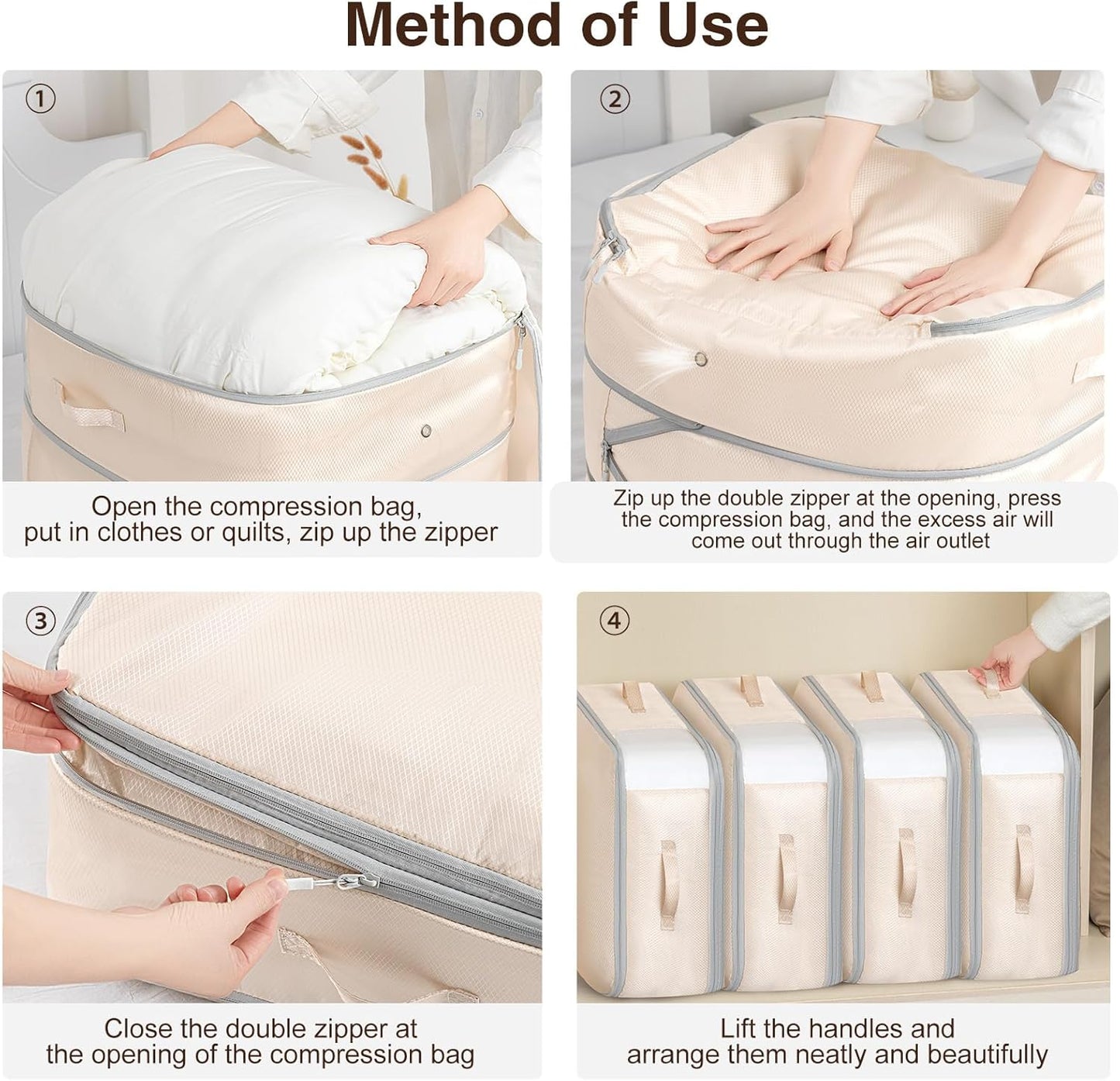 2 Pack Compression Storage Bags - 110L Large Capacity Comforter Storage Bag, 3-Layer Washable Ultra Space Saving Self Compression Organizer Space Bags for Blankets, Sweaters, Sheets, Beige