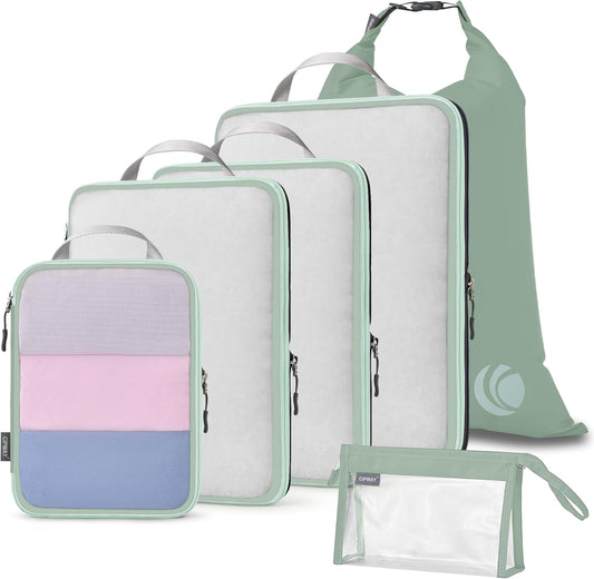 Cipway Compression Packing Cubes, See Through Mesh Luggage Organizer Bags, Travel Essentials for Carry on Suitcase with Laundry Bag and Clear Toiletries Bag（6 Pcs,Sage Green）