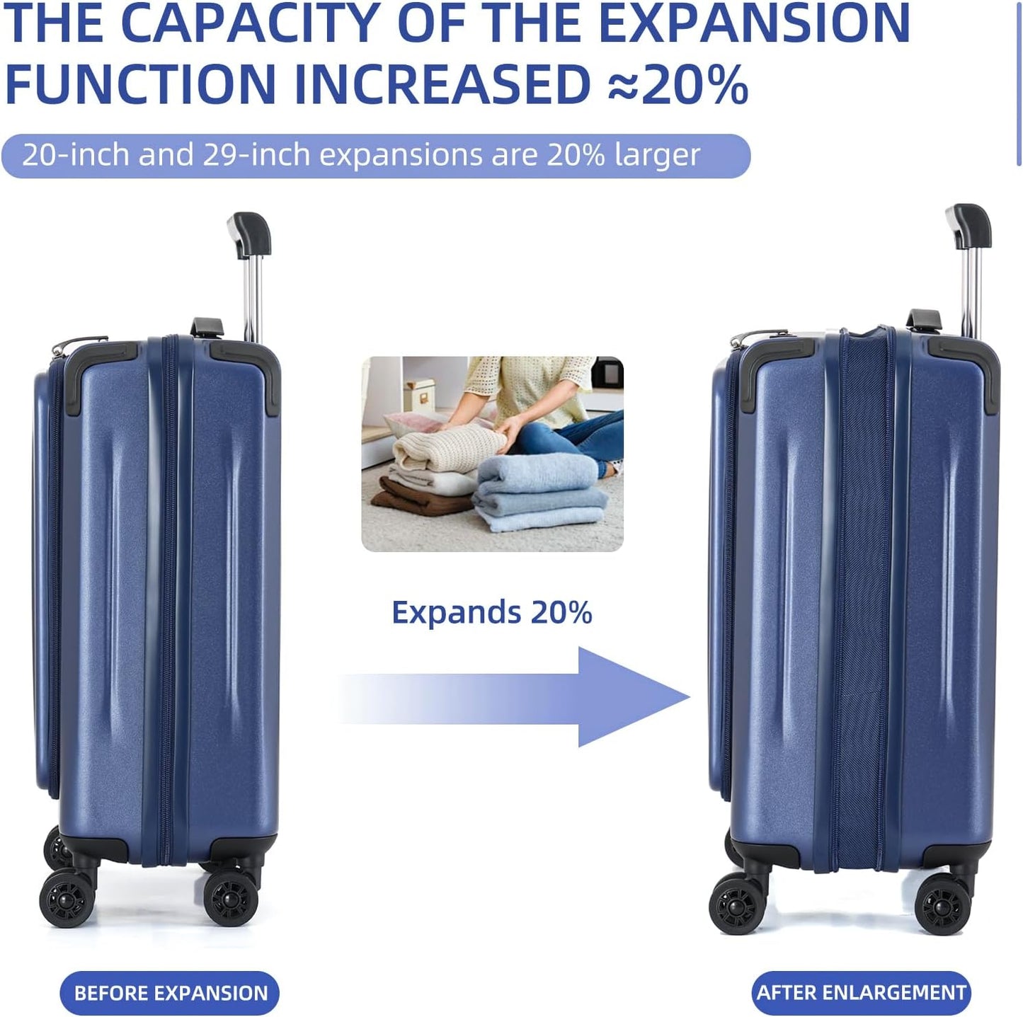 Carry On Luggage, 20Inch Top Opening Airline Approved ABS+PC Hard Shell Suitcases with Silent Wheels, TSA Lock,Front Pocket and Wet-dry Separated Six-piece Set (Dark Blue, 20 Inch)