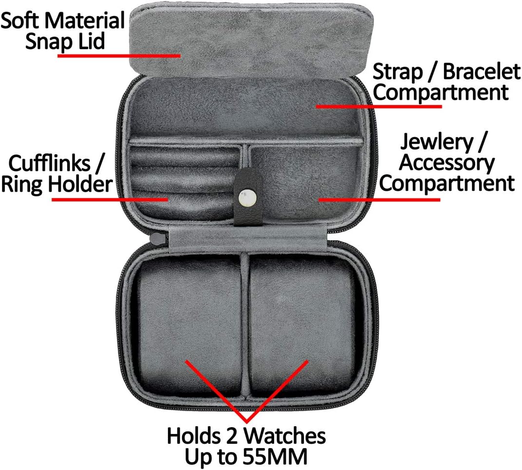 ROTHWELL Gift Box with 6 Slots Leather Watch Box and 2 Watches Travel Case - Storage Box Holder with Glass Top (Black/Grey Gift Box)