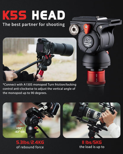 IFOOTAGE Cobra 3 Strike Monopod with Feet,Portable Travel Monopod for Camera A150S Ⅲ with Pan Tilt Head K5S,Pedal Design Base,One-Click to Extend Height 59"/150cm,Payload 11lbs/5KG