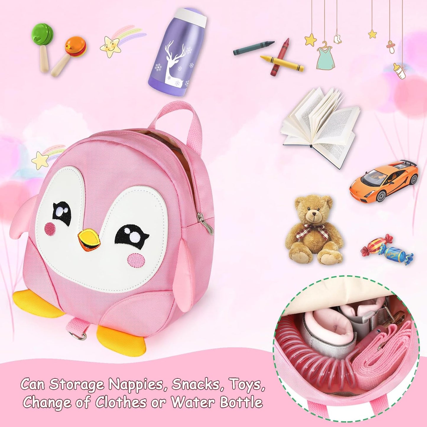 Accmor Toddler Harness Backpack Leash, Cute Penguin Kid Backpacks with Anti Lost Wrist Link, Mini Child Backpack Wristband Tether Strap and Protection Leashes Travel Bag Harness Rein for Baby Girls