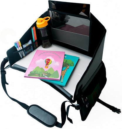 Kids Travel Tray for Car Seat – Gray – The Essential Travel Lap Desk with Removable Tablet Holder, Built-In Storage, and Stabilized Panels, Must Have Car Tray for Kids on Road Trips