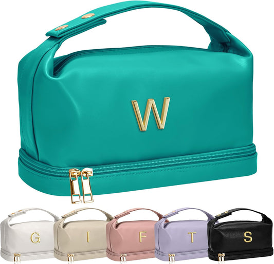 Women Gift Ideas for Her, Personalized Makeup Bag with Handle, Initial Double Layer Cosmetic Bag with Makeup Brush Organizer, Cute Cosmetic Pouch for Women, Gift for Friends Female Mom