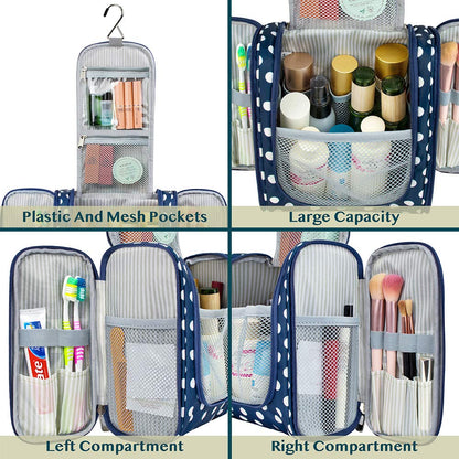 PAVILIA Toiletry Bag Travel Bag for Women Men, Hanging Cosmetic Organizer, Water Resistant Makeup Bag for Accessories Toiletries, Large Travel Essentials Kit (Navy Polka Dot)