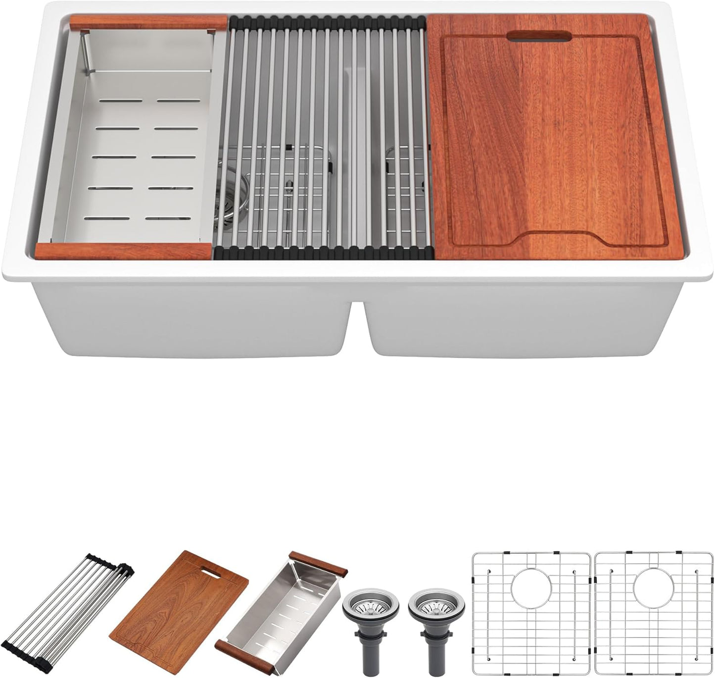 33 Inch Undermount White Granite Composite Kitchen Sink Under Counter Quartz Single Bowl Sink Workstation Sinks with Accessories Quick Drain Noise Reduction Home Renovation Classic Style