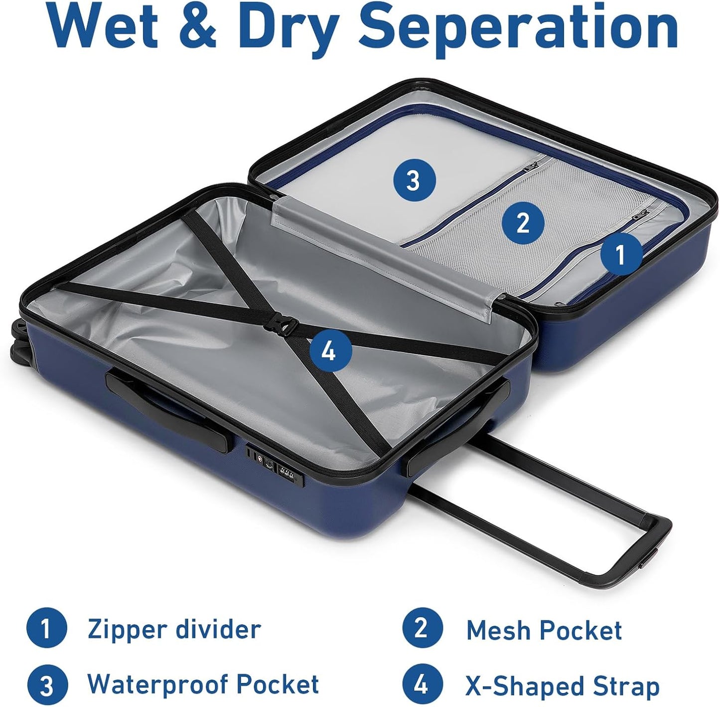 KYME Suitcase Hardshell With Double Spinner Wheels, PC+ABS TSA Lock Travel Luggage (Navy Blue, 24" Checked)