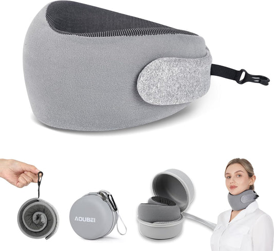 Compact Travel Pillow with Adjustable Straps & Washable Cover, Portable Neck Pillow Airplane with Case & Hook, Chin Support Pillow Relieves Pain & Pressure for Trips, Office, Car & Home Use