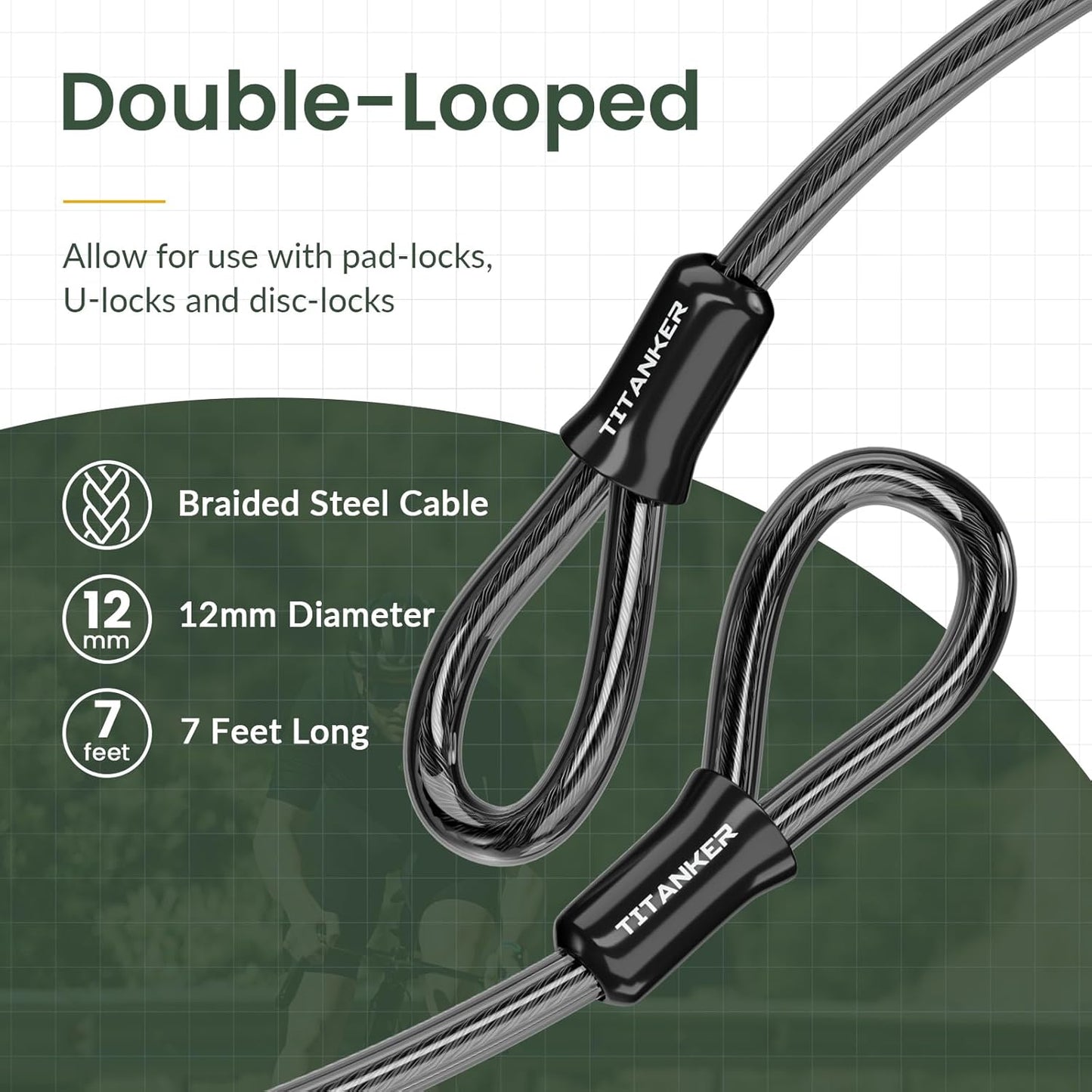 Titanker Bike Lock Cable,12mm Thick Security Cable with Loops Heavy Duty Steel Cable Vinyl Coated Bike Cable Lock Security Chain (4ft, 7ft, 15ft, 30ft)