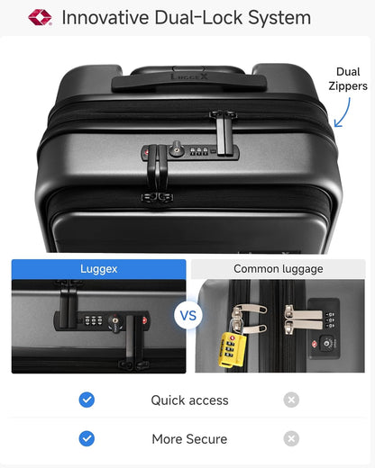 LUGGEX Luggage Sets 2 Piece, FLO5 Expandable Polycarbonate Hard Shell Suitcase Sets with Front Pocket (FX-Core, Black, 20/28 Inch)