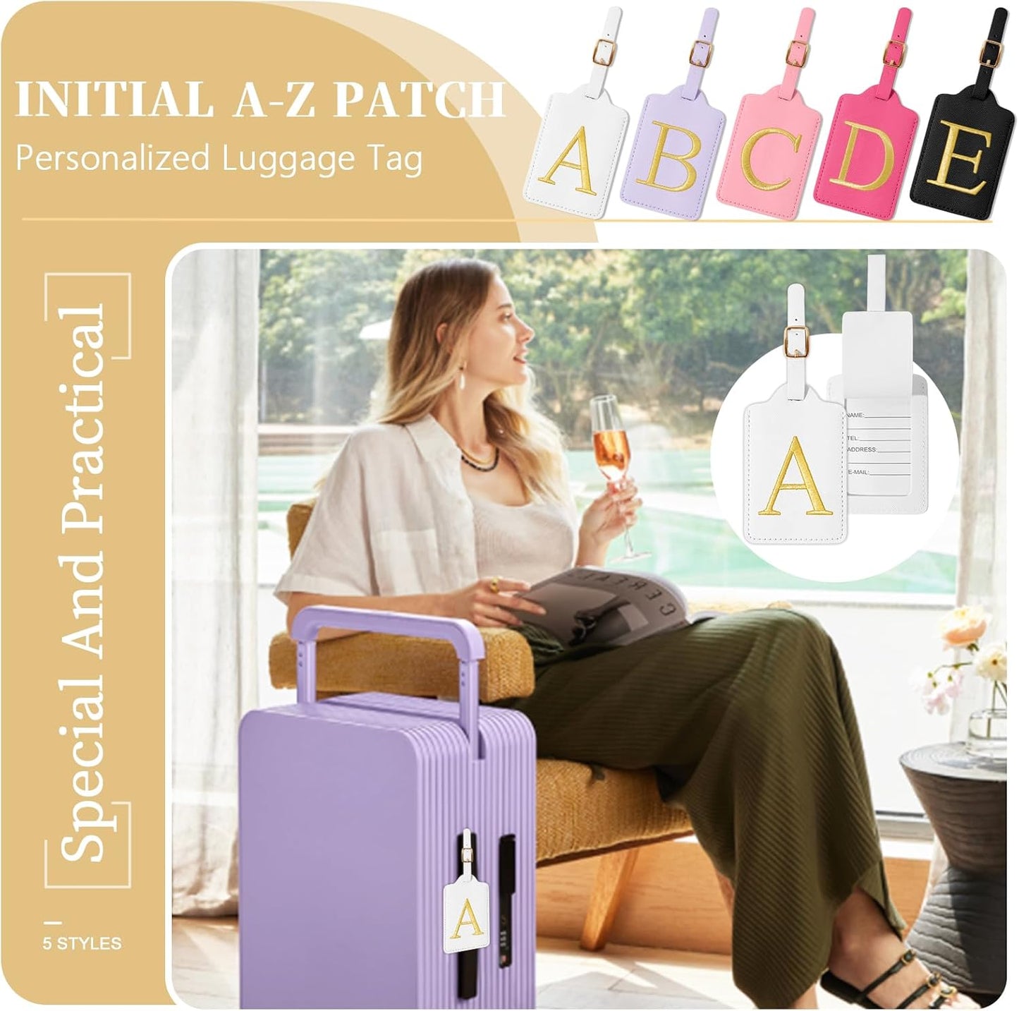 Personalized Initial Luggage Tags for Suitcase TSA Approved, White Leather Cute Luggage Tag with Privacy Cover Name Card, Embroidered Custom Luggage Tags Travel Baggage Tags Gifts for Women Kids(A)