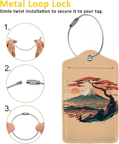 Mount Fuji and Sea 2 Pack Luggage Tag for Suitcase, Leather Bag Tags Identifiers Privacy Cover ID Label with Steel Loop for Women Men Kids Girls Travel