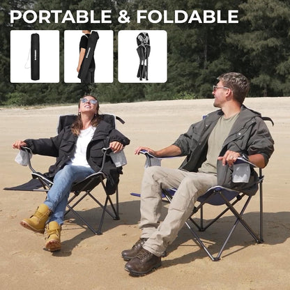 FUNDANGO Folding Camping Chair with Table, 2 Pack Portable Heavy Duty Outdoor Padded Chairs for Adults with Cup Holders for Lawn Beach Picnic Outside Travel (Black)