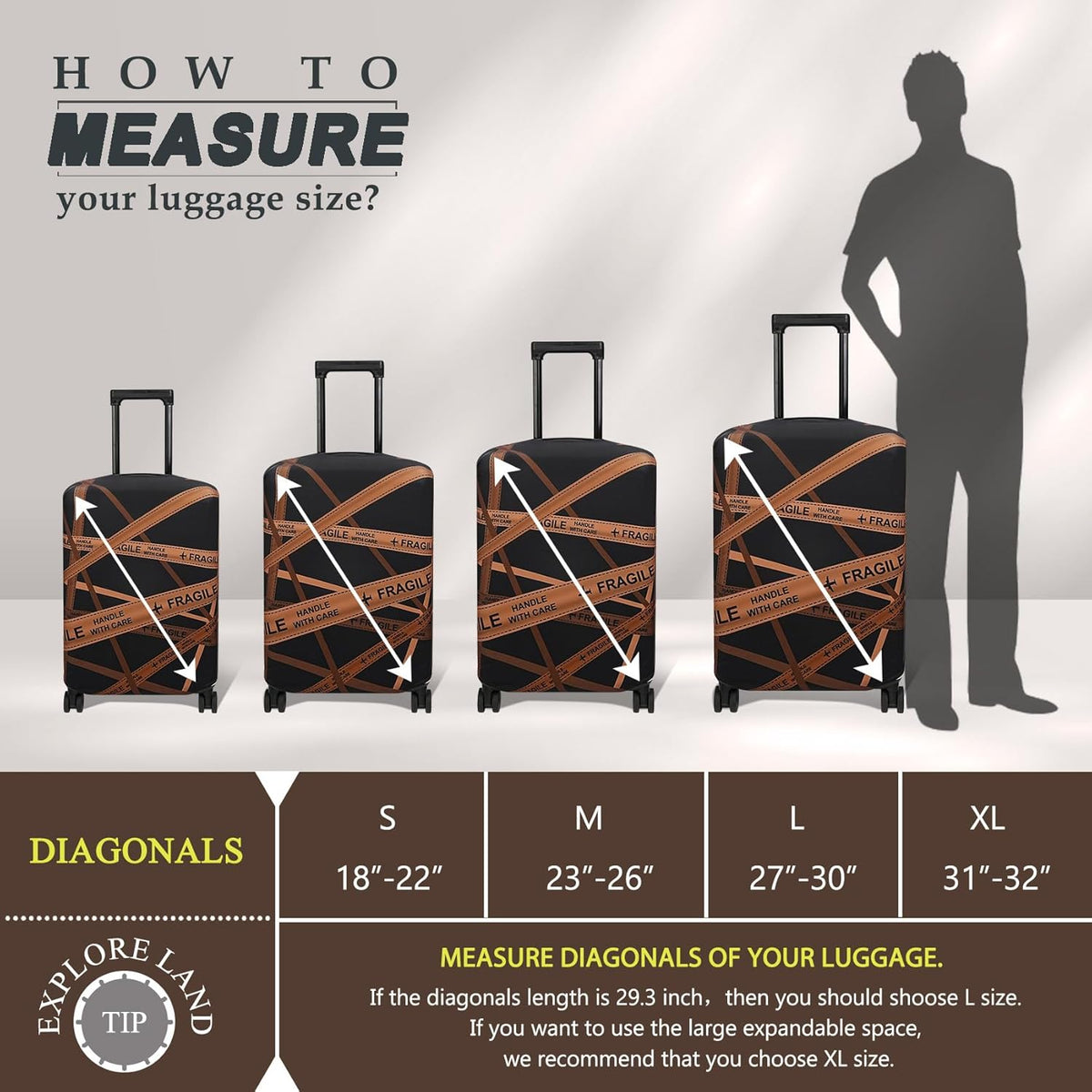 Explore Land Travel Luggage Cover Suitcase Protector Fits 23-26 Inch Case (Gold Fragile, M)
