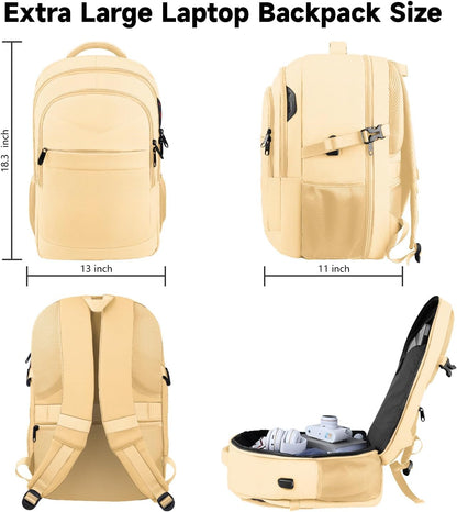 Lapsouno Extra Large Backpack, Laptop Backpack, Carry on Backpack, Sturdy 17 Inch TSA Friendly with USB Port, College School Bag Gifts for Men Women, Light Yellow