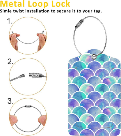 2 Pack Mermaid Scales Luggage Tags for Suitcases,Watercolor Fish Scales Leather Baggage Suitcases Tag Name ID Label Privacy Cover Travel Bag Tags for Women Men Boys Girls