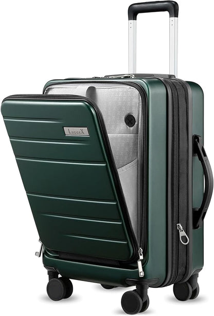 LUGGEX Carry On Luggage 22x14x9 Airline Approved, Expandable Polycarbonate Suitcase with Front Pocket (Green, 20 Inch, 35L)