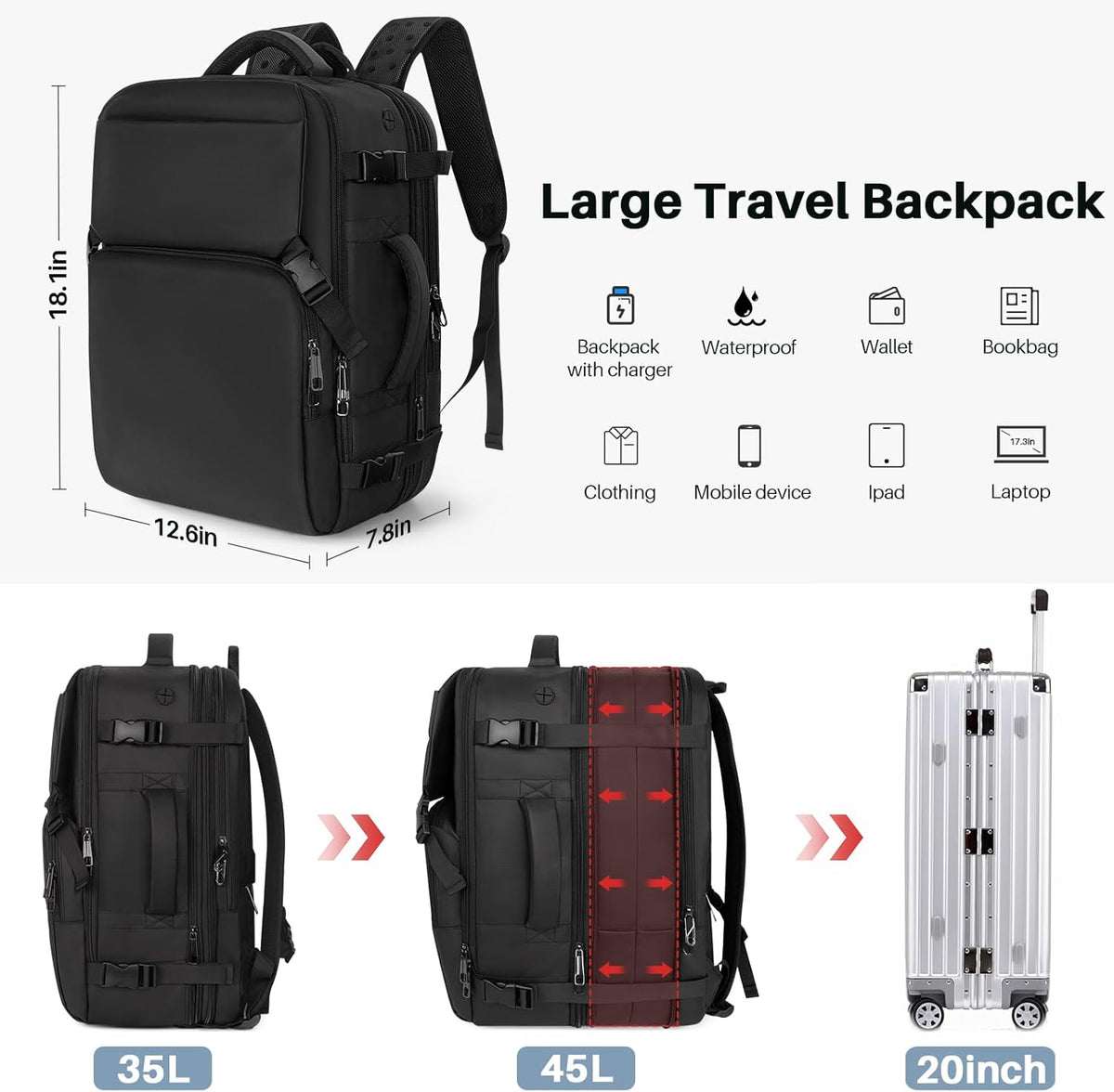 Travel Backpack Carry On Flight Approved, Lightweight Large Travel Backpack, Expandable with USB Charging Hole, Waterproof Causal Bookbag for Travel Work College Fits 17 inch Laptop, Black