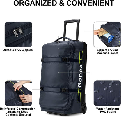 Gonex Rolling Duffle Bag with Wheels, 70L Water Repellent Wheeled Travel Duffel Luggage with Rollers 25 inch, Navy