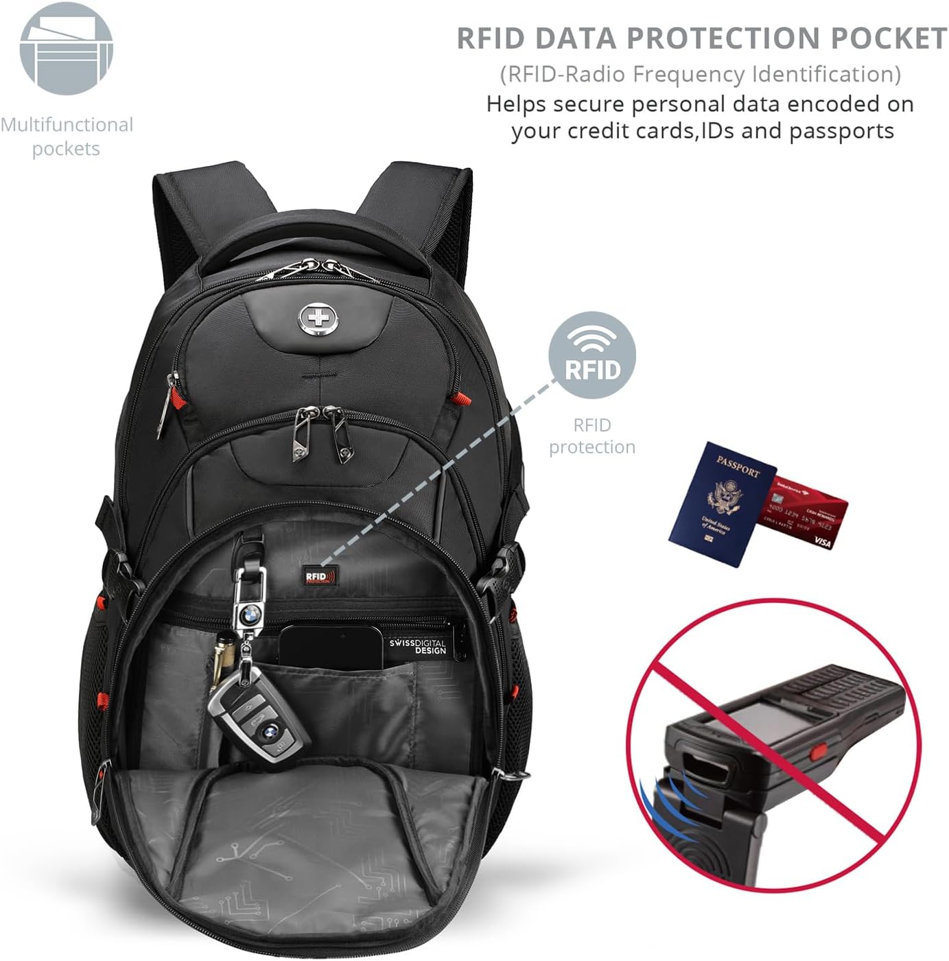 Swissdigital Design Travel Backpack for Men with Apple Find My, Laptop Backpack with USB Charging Port, RFID Protection, Add-A-Bag System - Travel Backpack for Men