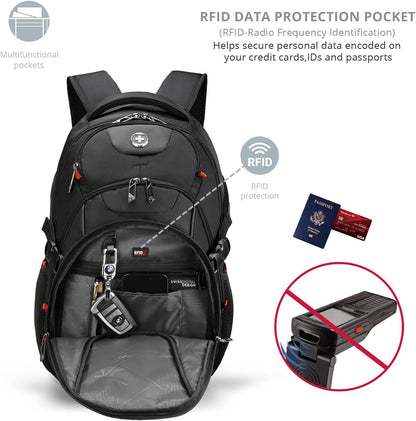 Swissdigital Design Travel Backpack for Men with Apple Find My, Laptop Backpack with USB Charging Port, RFID Protection, Add-A-Bag System - Travel Backpack for Men