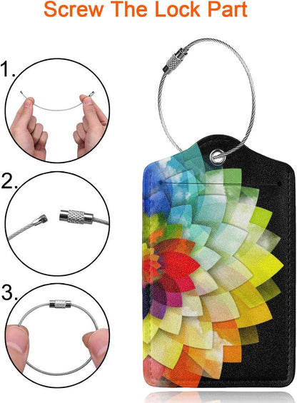 2 Pack Luggage Tag for Suitcase, Cute Unique Leather Suitcase Tags Identifiers with Privacy Name Address Labels & Durable Steel Loop for Women Men Travel